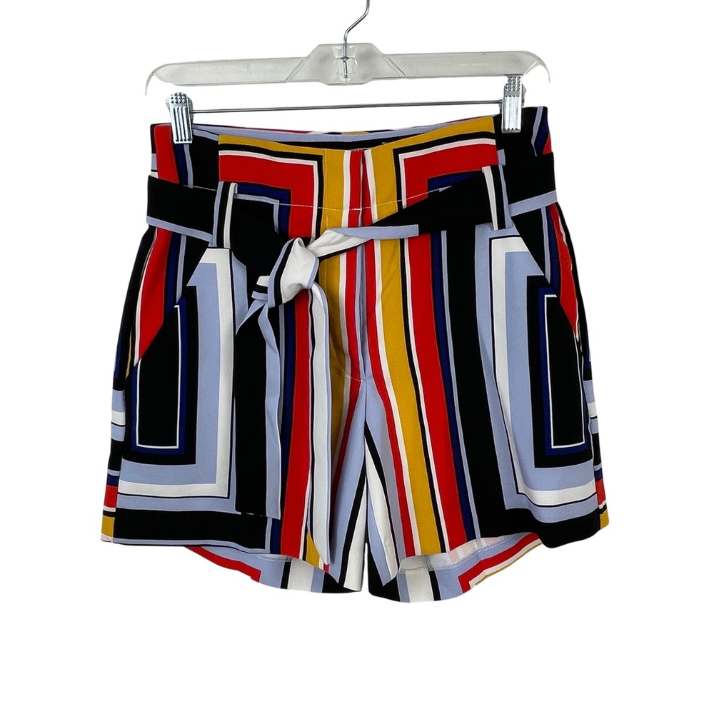 NY&C 7th Avenue Geometric Striped Tie Waist Shorts Red Blue Yellow Women's 2